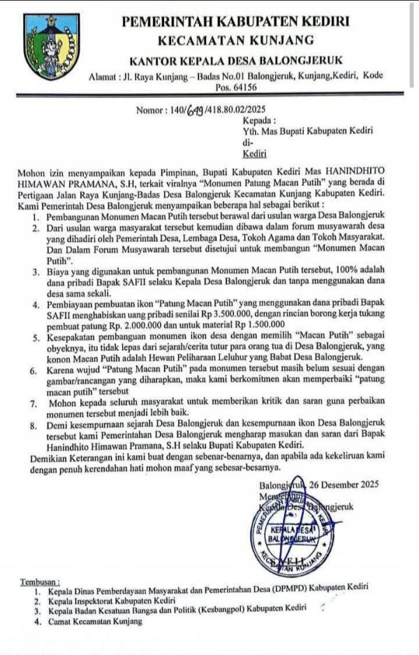 Patung Macan Putih Balongjeruk Disorot Publik, Pemdes Akhirnya Buka Suara: Dana Pribadi, Desain Diakui Belum Ideal