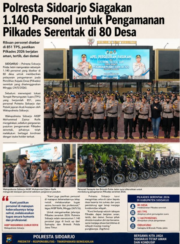 Polresta Sidoarjo Siagakan 1.140 Personel Layanan Pengamanan Pilkades Serentak di 80 Desa