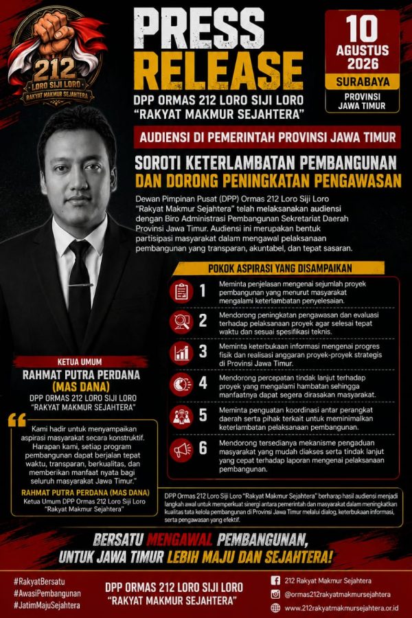 DPP Ormas 212 Loro Siji Loro Audiensi dengan Pemprov Jatim, Soroti Keterlambatan Pembangunan dan Dorong Pengawasan Lebih Optimal